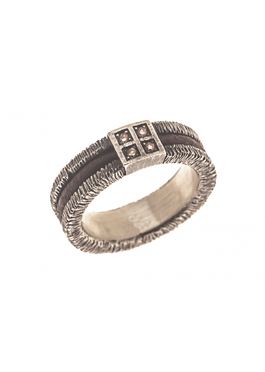Anillo plata, cuero y diamantes brown