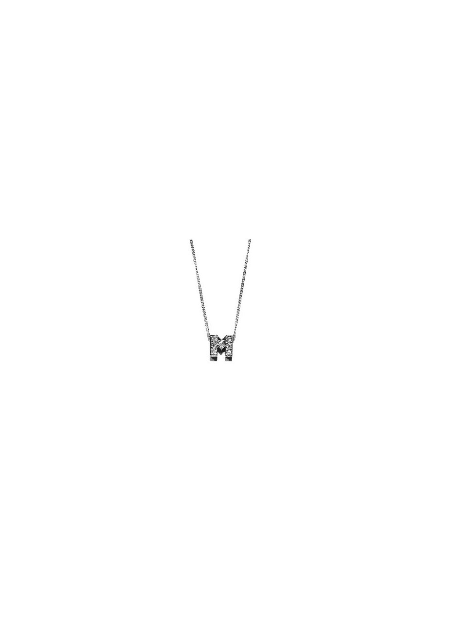 Colgante oro blanco letra M con diamantes