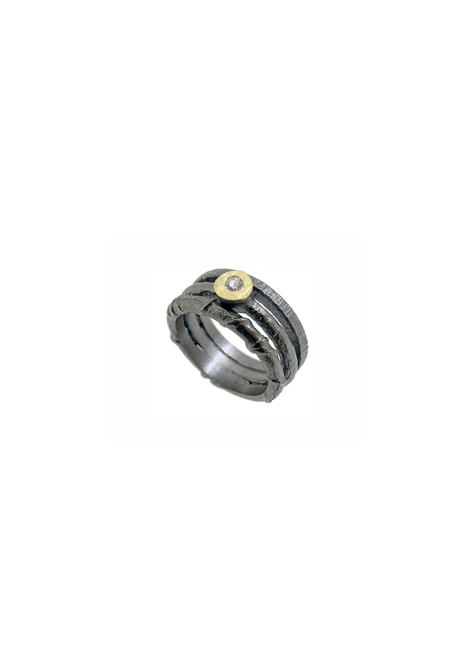 Anillo plata, oro amarillo y diamante