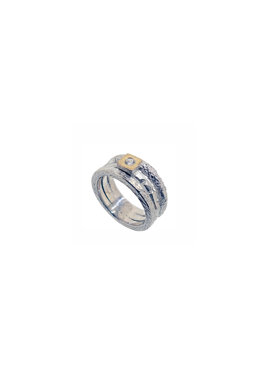 Anillo plata, oro amarillo y diamante