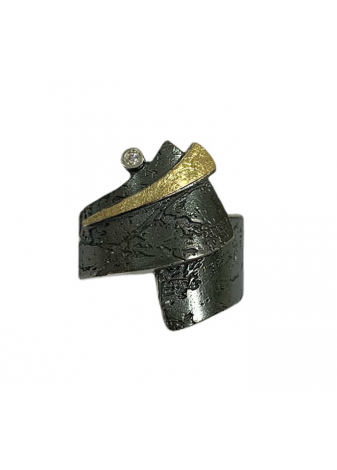 Anillo plata oxidada, oro y brillante