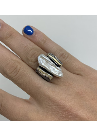 Anillo plata, oro y perla barroca