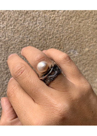 Anillo plata, oro y perla barroca