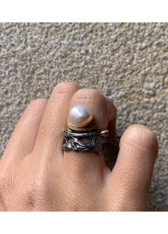 Anillo plata, oro y perla barroca