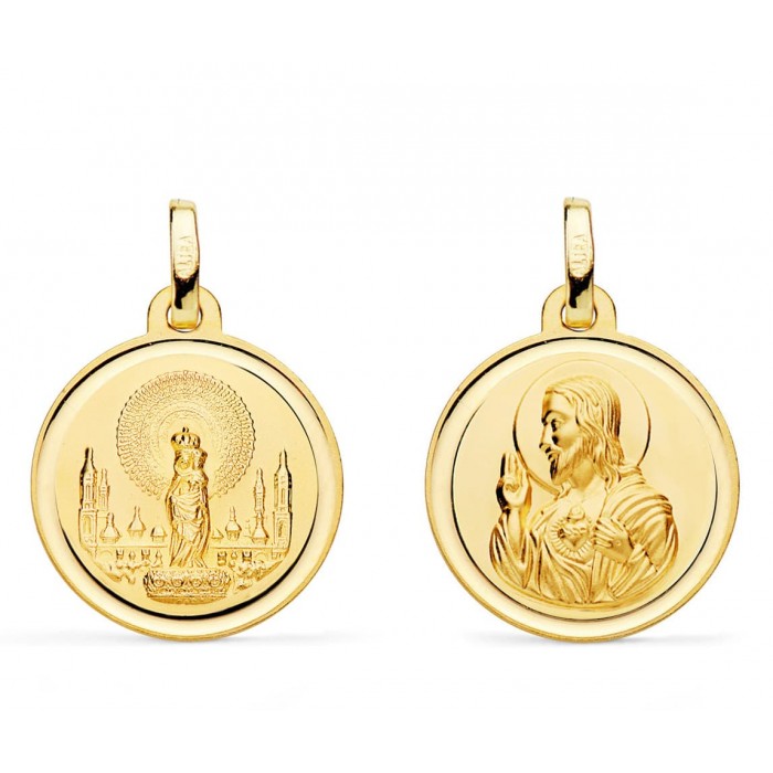 Medalla oro bisel Virgen del Pilar/Sagrado corazón 18mm
