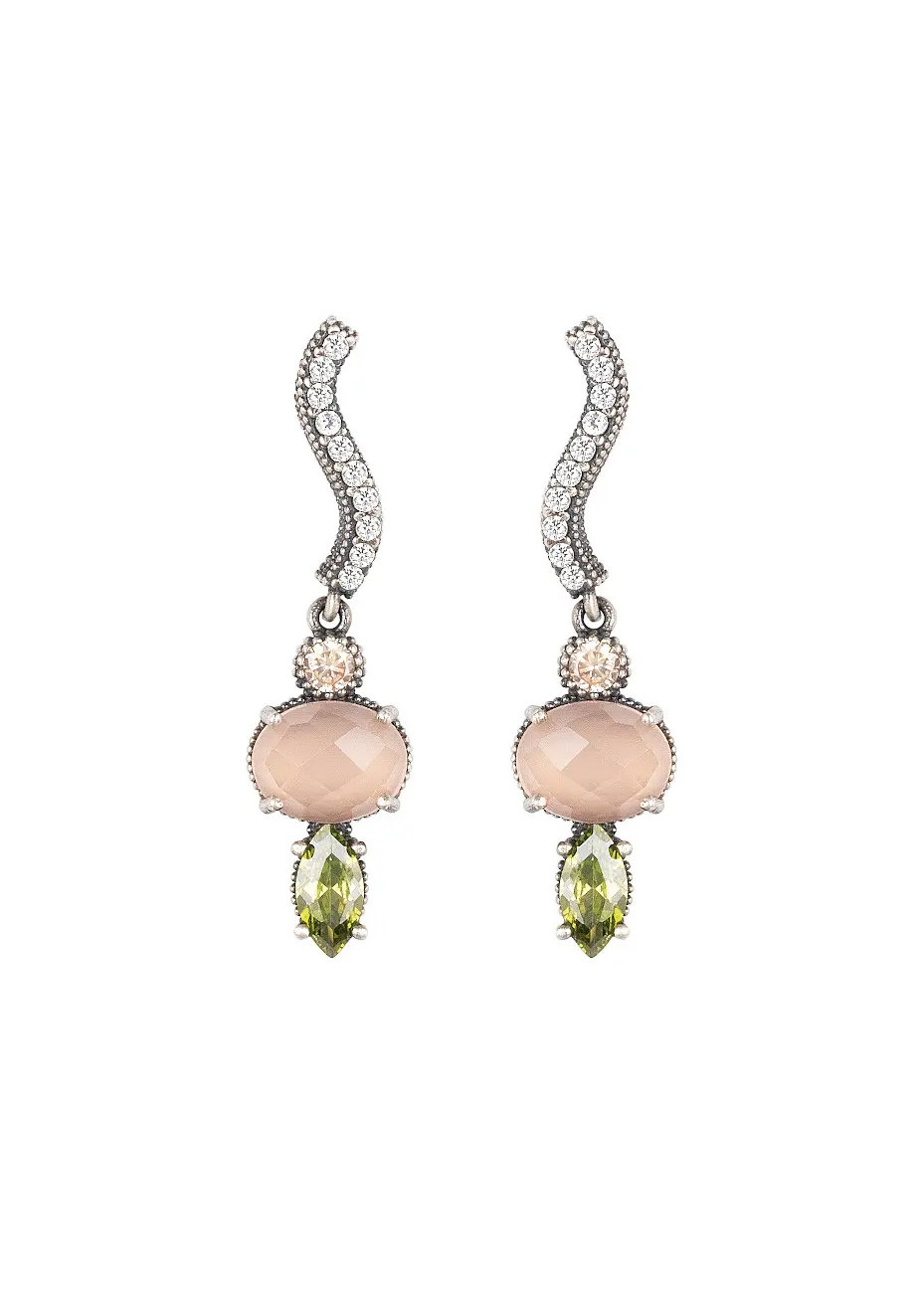 Pendientes plata, cuarzo rosa y circonitas Pendientes plata, cuarzo rosa y circonitas