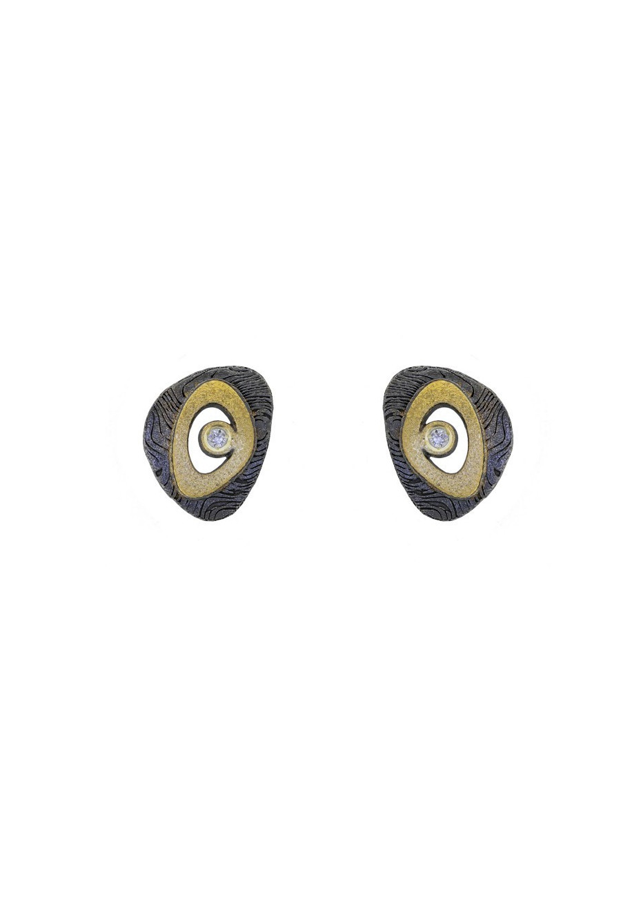 Pendientes oro amarillo, plata oxidada y brillantes