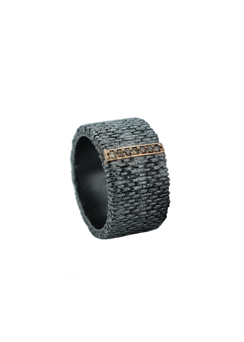 Anillo plata oxidada, oro y diamantes Brown