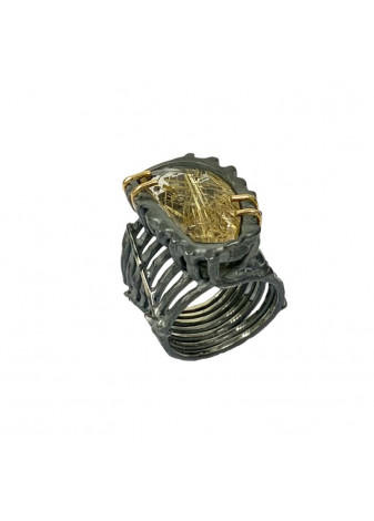 Anillo plata oxidada, oro y rutilo