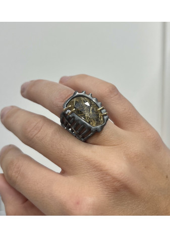 Anillo plata oxidada, oro y rutilo