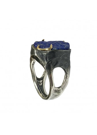 Anillo plata oxidada, oro y lapislázuli en bruto