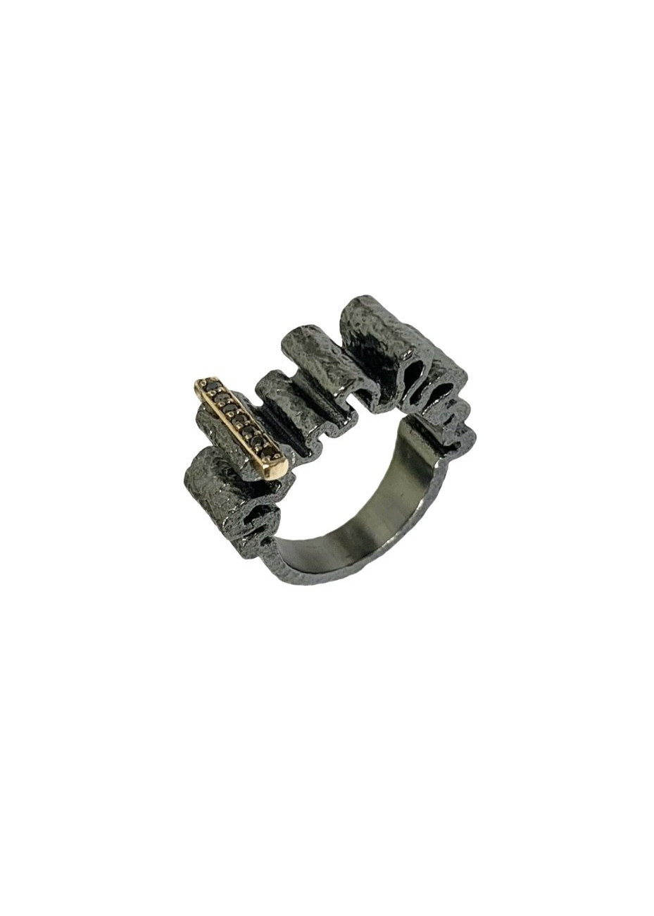 Anillo ONDAS plata oxidada, oro y diamantes negros