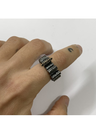 Anillo ONDAS plata oxidada, oro y diamantes negros