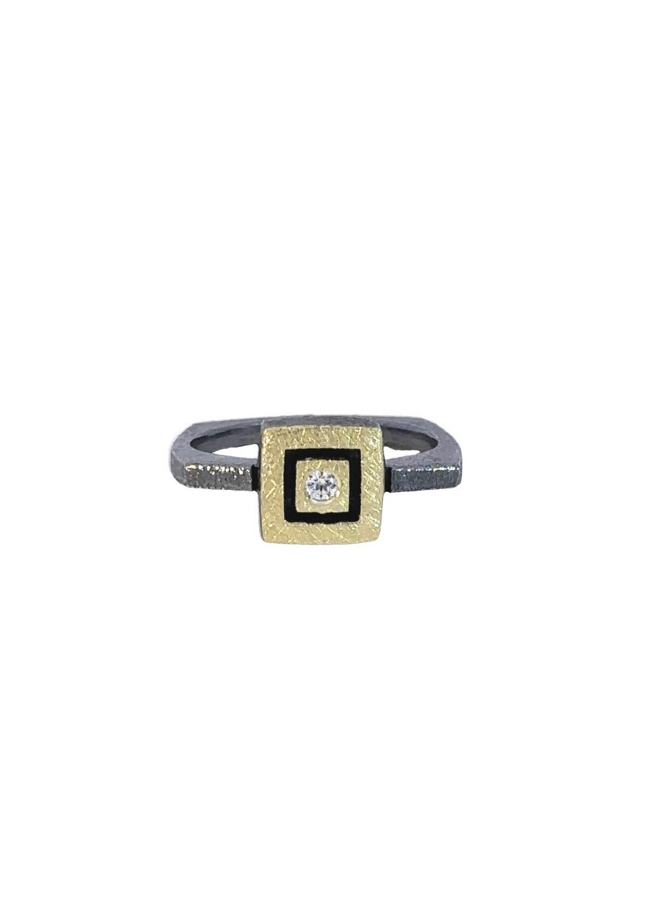 Anillo plata, oro amarillo y diamante