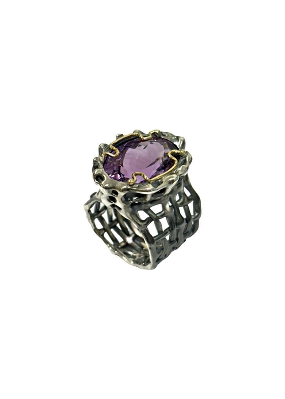 Anillo de plata, oro de 18k y amatista