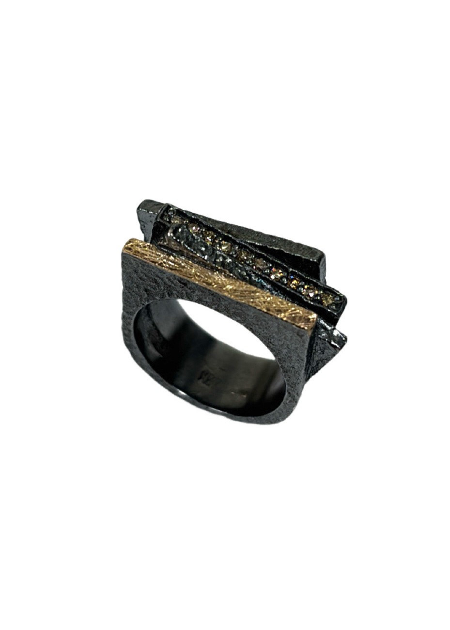 Anillo plata, oro amarillo y diamantes brown