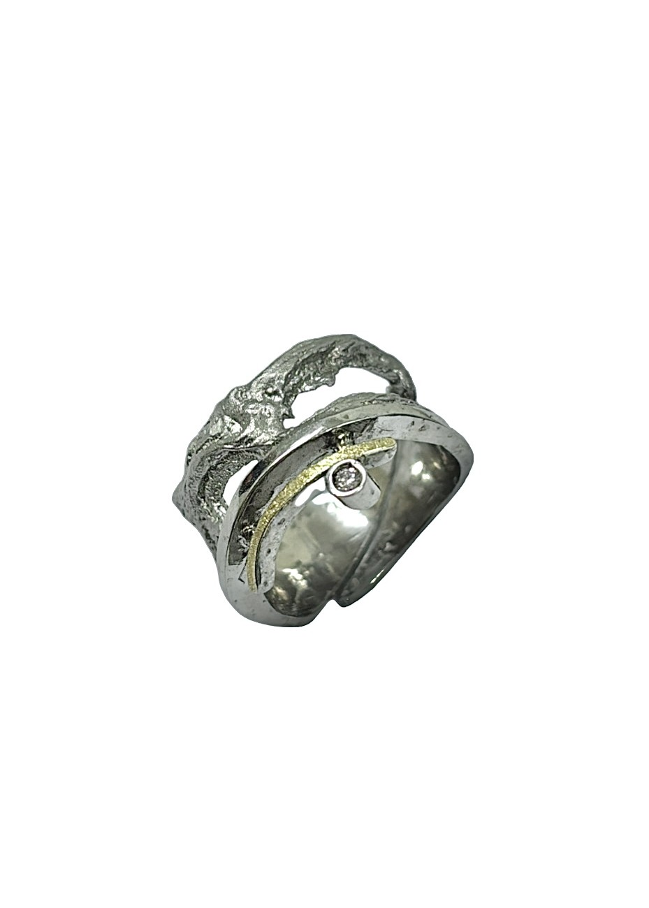 Anillo plata, oro amarillo y diamante