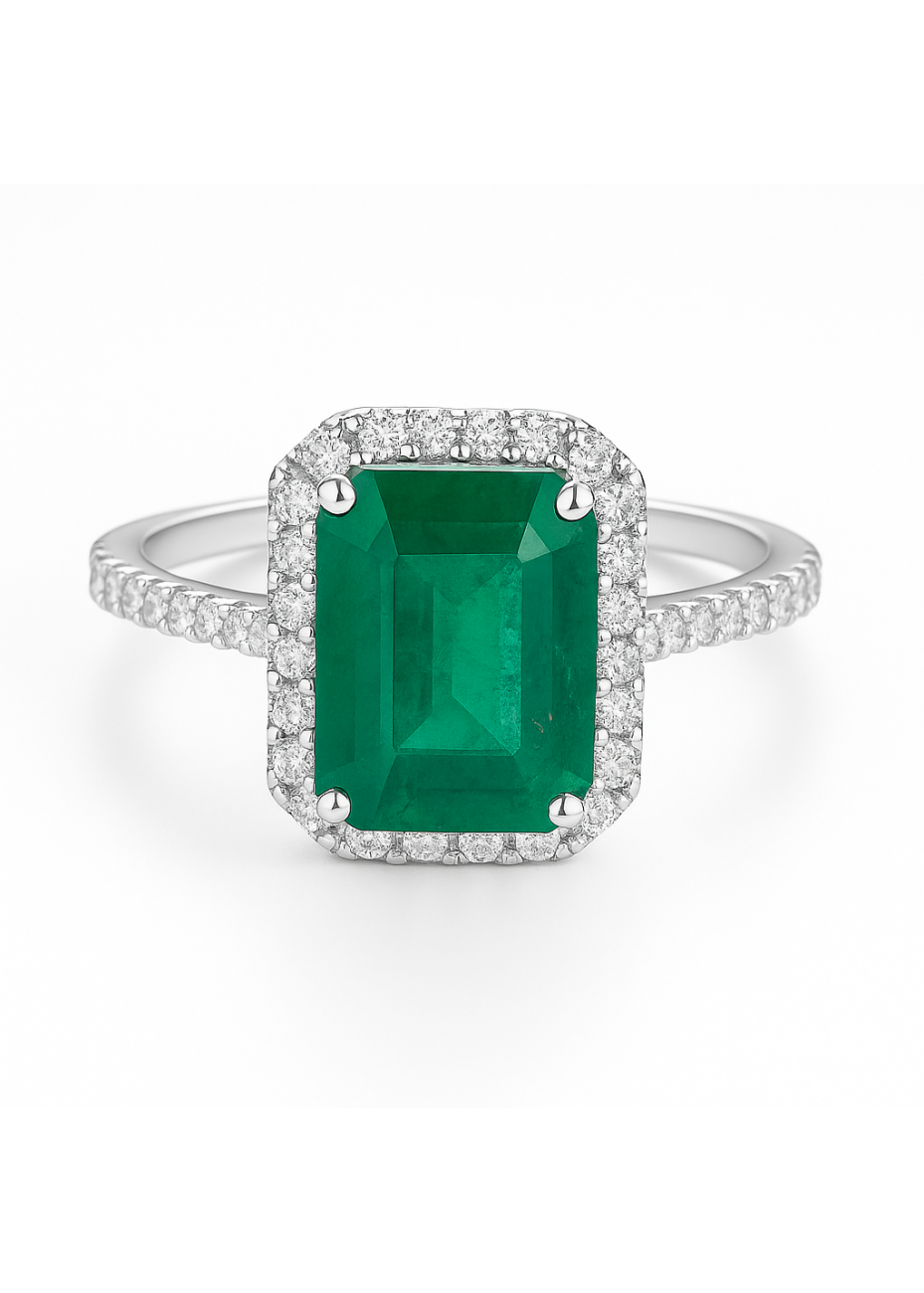 Sortija oro blanco, esmeralda y diamantes