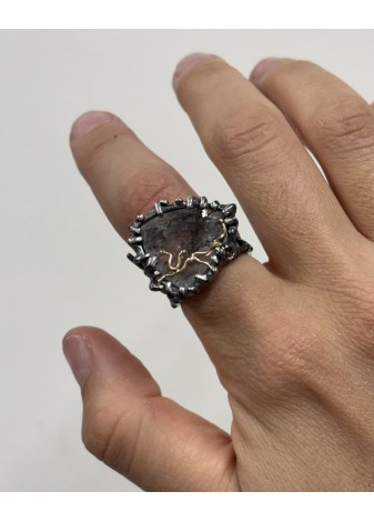 Anillo plata, oro con ágata denditra