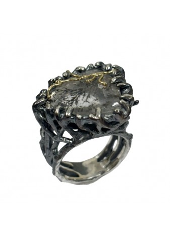 Anillo plata, oro con ágata denditra