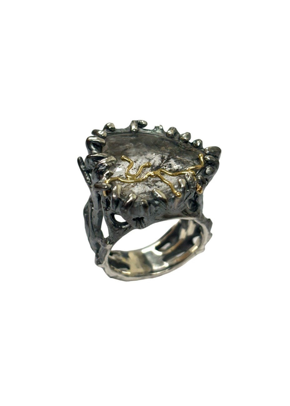 Anillo plata, oro con ágata denditra