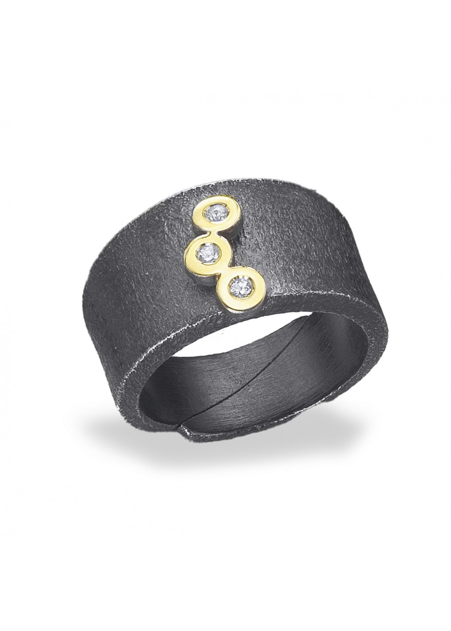 Anillo plata oxidada, oro amarillo y diamantes