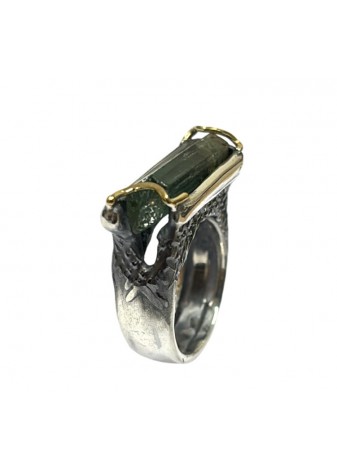 Anillo plata, oro amarillo y esmeralda en bruto