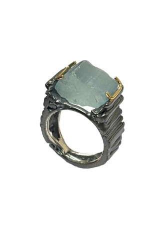 Anillo plata, oro amarillo y aguamarina en bruto