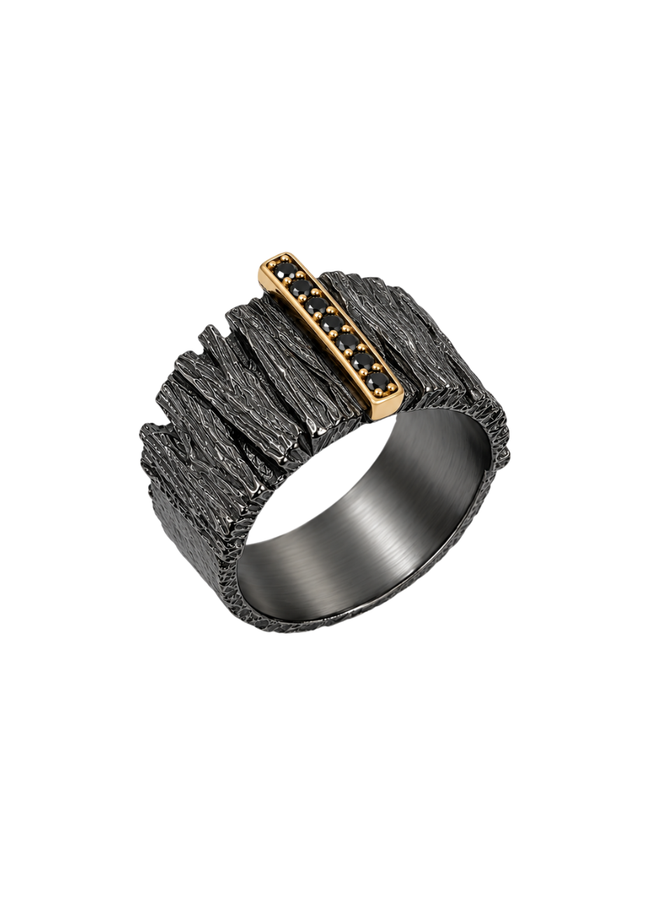Anillo plata, oro y diamantes negros