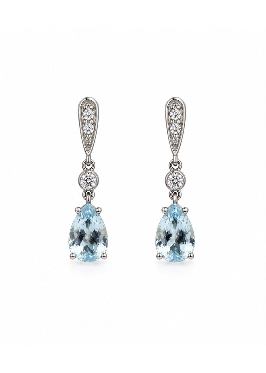 Pendientes de oro blanco diamantes y aguamarinas